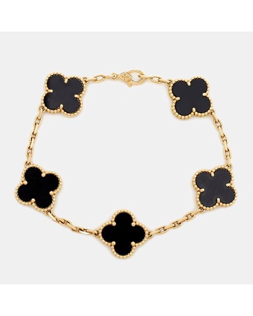 Van Cleef & Arpels Black Vintage Alhambra Onyx 18k Gold 5 Motif Station Bracelet