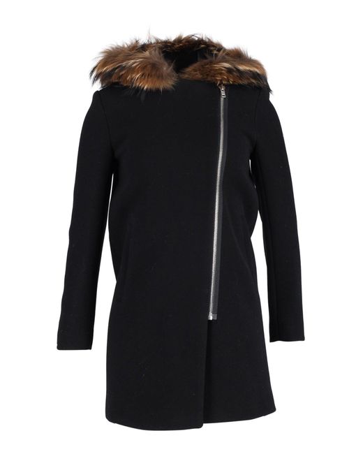 Sandro Black Sandro Henry Fox Fur-Trimmed Coat
