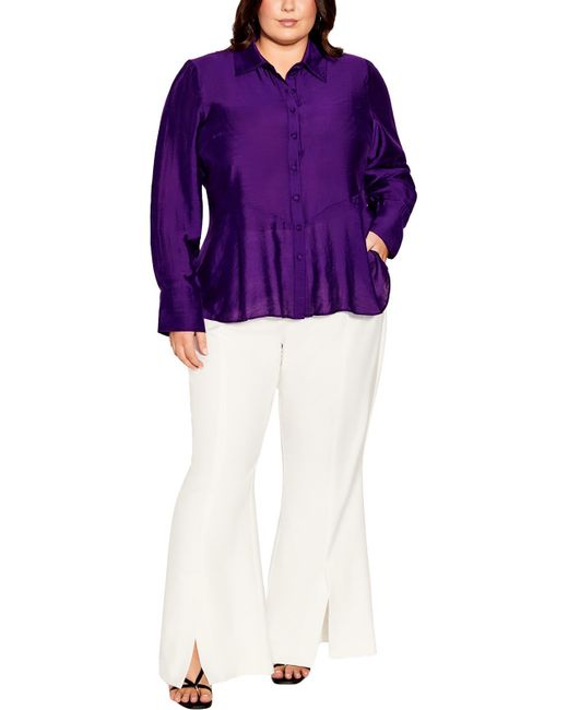 City Chic Purple Plus Woven Long Sleeves Button-down Top