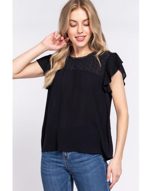 TRUEDAMES Black Active Basic Ruffle Short Sleeve Crochet Blouse