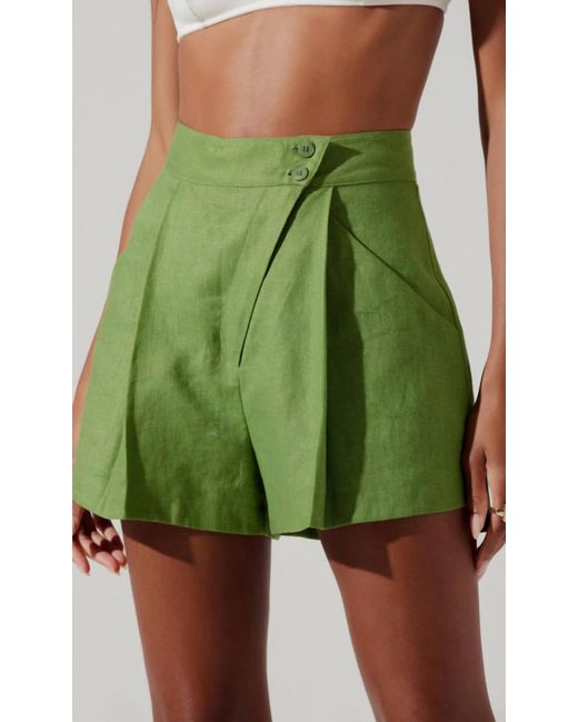 Astr Green Kerrigan Pleated Linen Shorts