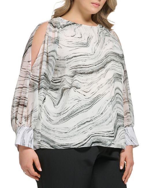 Calvin Klein Gray Plus Swirl Print Lined Cold Shoulder