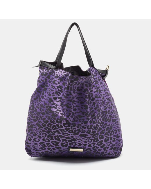 Jimmy Choo Purple Leopard Print Fabric Zip Shopper Tote
