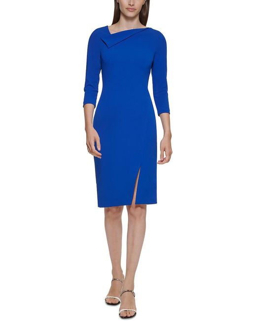 Calvin Klein Blue Asymmetrical Sheath Wear To Work Dress