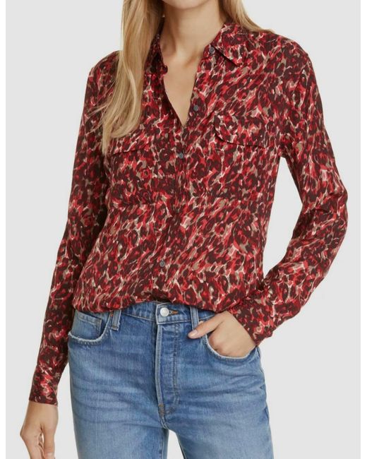 Equipment Red Long Sleeve Button Down Blouse