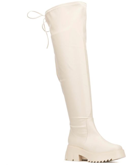 FASHION TO FIGURE Natural Faux Leather Round Toe Over-the-knee Boots