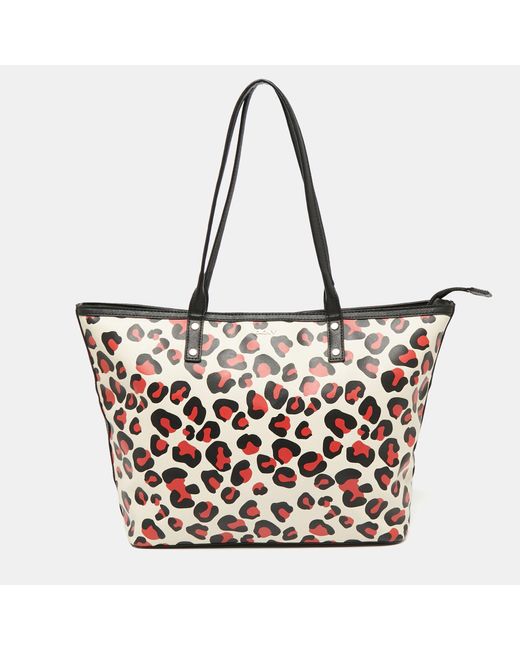 DKNY White /red Leopard Print Coated Canvas Zip Tote