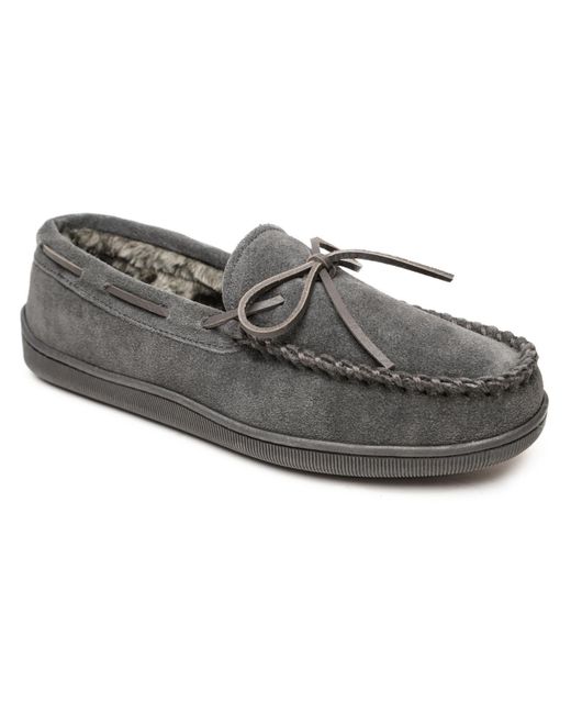Minnetonka Gray Pile Lined Hardsole Suede Faux Fur Moccasin Slippers