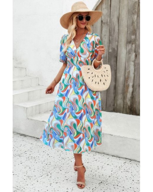 TRUEDAMES Green Floral V Neck Puffed Sleeve High Waist Dress