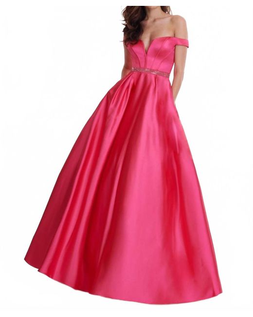 Rachel Allan Pink Off Shoulder Stretch Satin Ball Gown