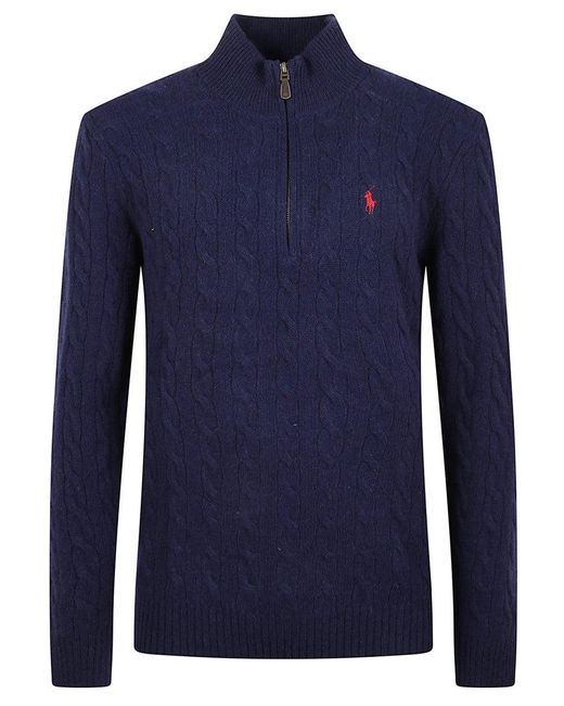Polo Ralph Lauren Blue Cable-Knit Cashmere Blend Sweater With High Collar for men