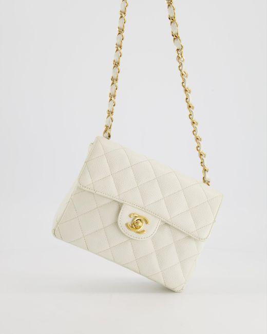 Chanel White Vintagecaviar Mini Square Flap Bag With 24k Gold Hardware