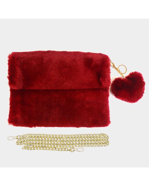 Fashnzfab Red Detachable Heart Pom Pom Keychain Faux Fur Crossbody Bag