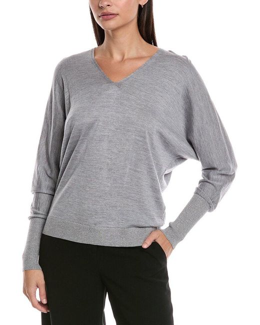 Lafayette 148 New York Gray V-Neck Dolman Wool & Silk-Blend Sweater