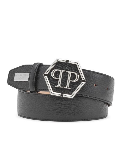 Philipp Plein Black Leather Belt Hexagon