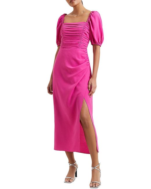 French Connection Pink Midi Smocked Midi Dress