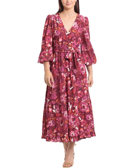 Maggy London Red Floral Print Polyester Midi Dress