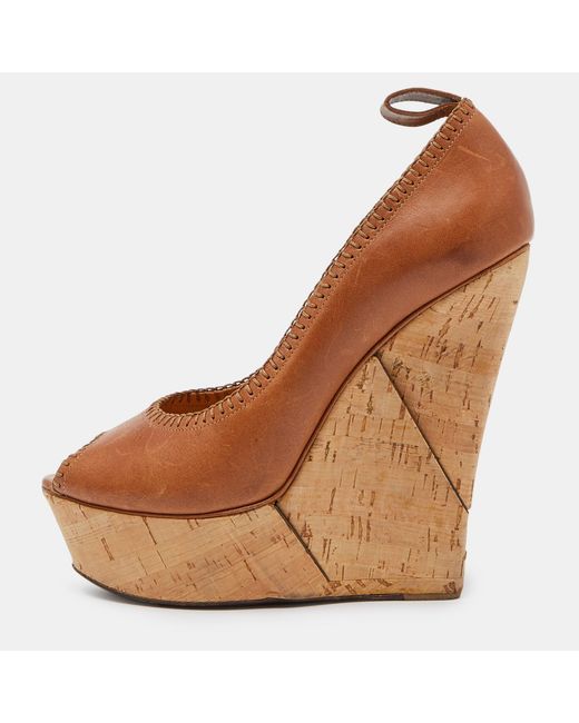 Lanvin Brown Leather Wedge Platform Pumps