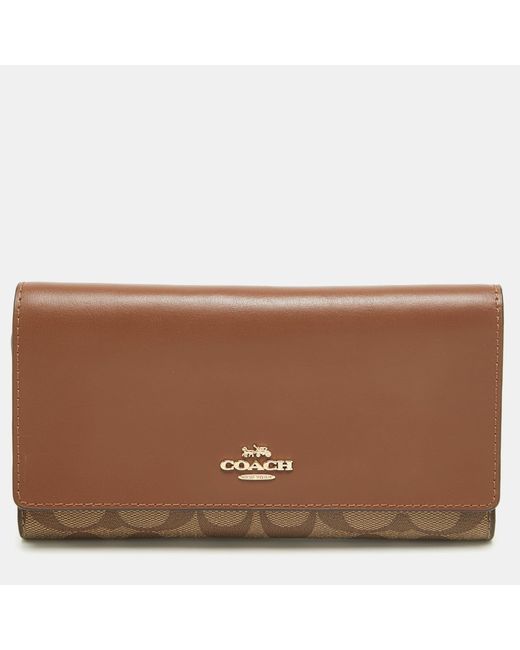 COACH Brown/beige Signature Coated Canvas And Leather Trifold Long Wallet