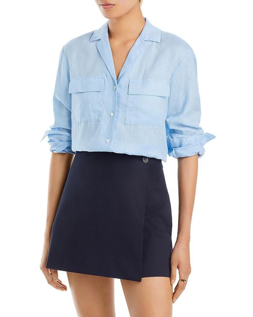 Theory Blue Collared 100% Linen Button-down Top