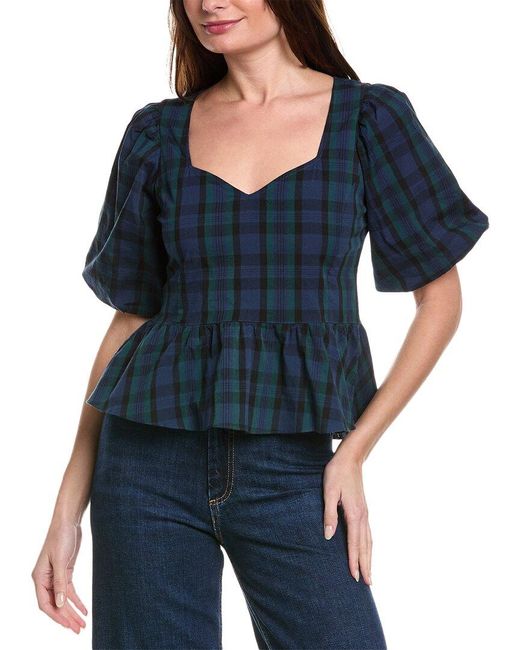 Sail To Sable Blue Puff Sleeve Peplum Top