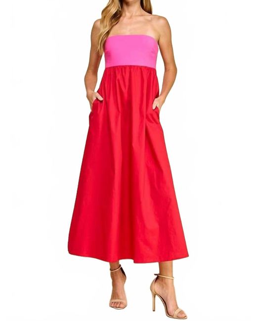 TCEC Red Strapless Empire Color Block Midi Dress