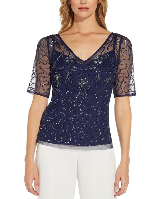Adrianna Papell Blue Mesh Embellished Blouse