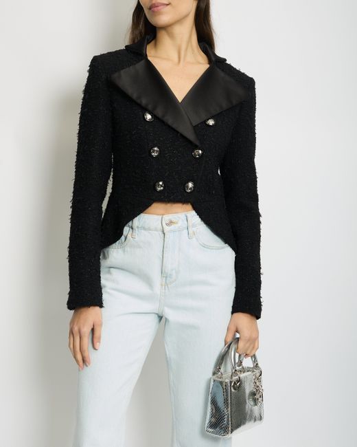 Chanel Black 19k Metallic Tweed Cropped Blazer With Satin Collar And Snowflake Buttons Details