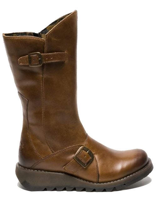 Fly London Brown Leather Buckle Mid-Calf Platform Boots