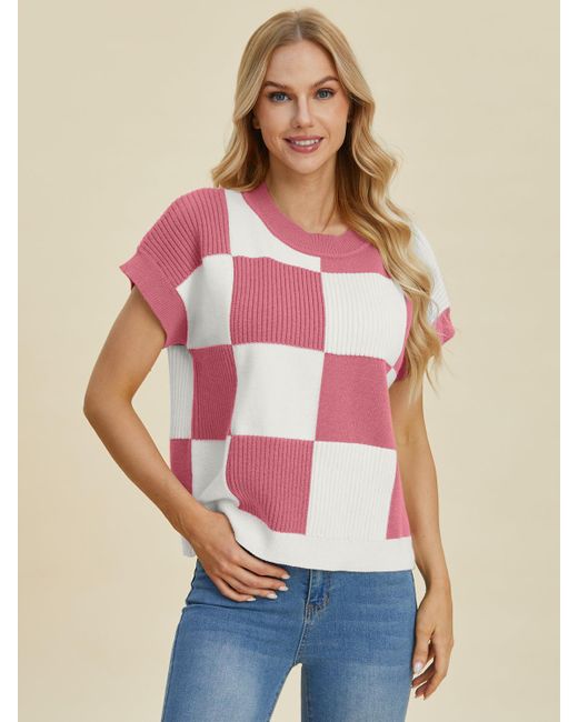 TRUEDAMES Pink Full Size Checkered Round Neck Short Sleeve Sweater