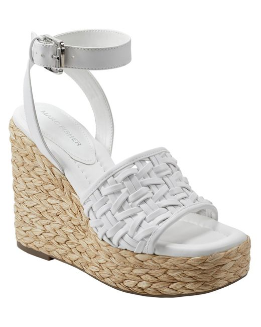 Marc Fisher White Godina Faux Leather Ankle Strap Wedge Sandals