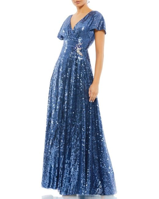 Mac Duggal Blue Sequined Rhinestone-embellished Gown