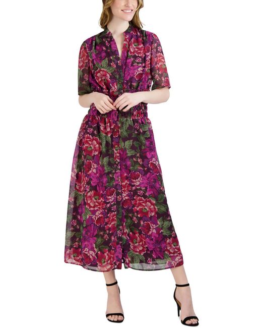 Donna Ricco Purple Floral Print Chiffon Shirtdress