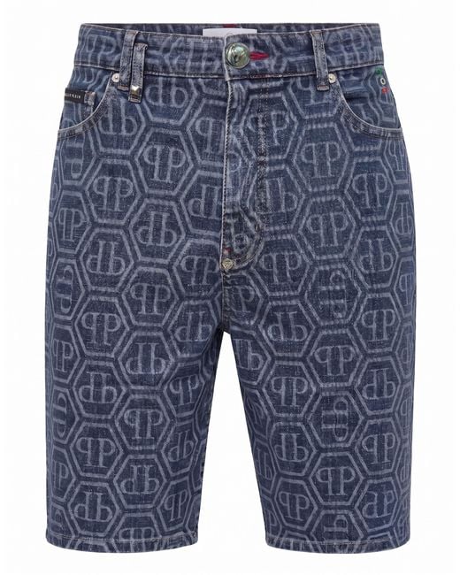 Philipp Plein Blue Denim Formentera Shorts Monogram Basic for men