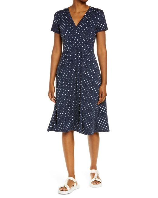 L.L. Bean Blue L. L. Bean Summer Knit A-Line Dress Polka Dot V-Neck Buu938