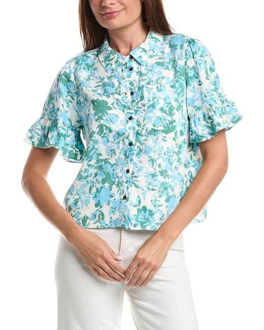 Cece Blue Ruff Cuff Cropped Button Down Linen-Blend Shirt