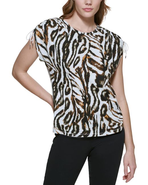 Calvin Klein Black Animal Print Ruched Sleeve Pullover Top