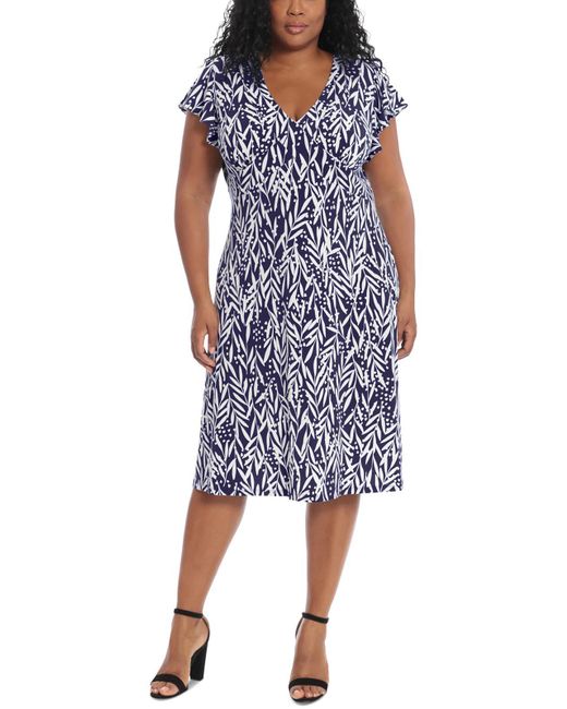 London Times Blue Plus Ruffled Sleeve Printed Fit & Flare Dress