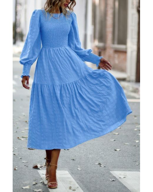 TRUEDAMES Blue Solid Round Neck Puff Long Sleeve Midi Dress