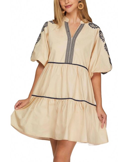 She + Sky Natural Bubble Sleeve Embroidered Dress