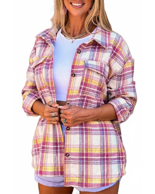Shiying Fashion Red Plaid Print Rounded Hem Shirt Jacket