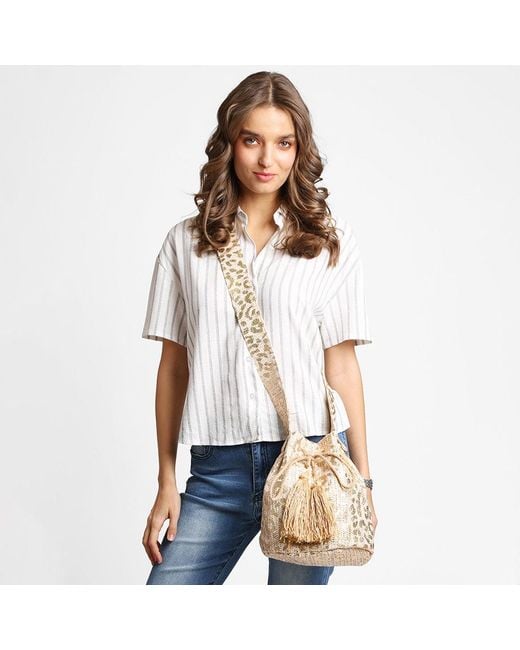 Fashnzfab White Leopard Straw Tassel Crossbody Bucket Bag