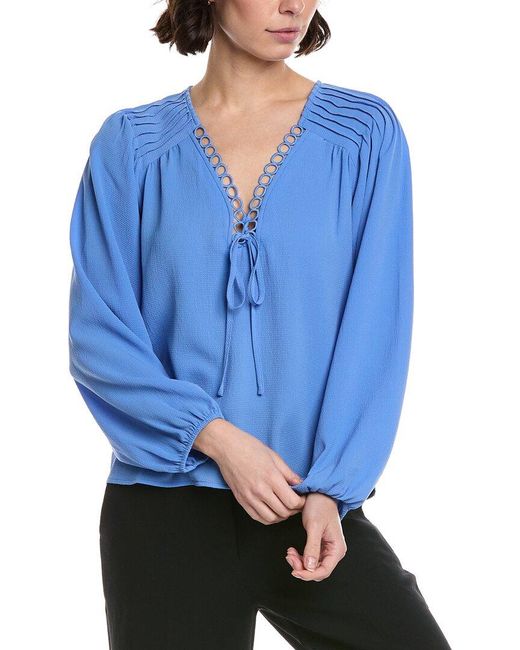 Cece Blue V-Neck Pintuck Blouse