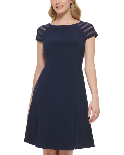 Jessica Howard Blue Illusion Shoulder Wide Neck Fit & Flare Dress