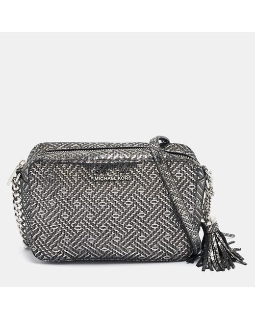 Michael Kors Gray Metallic Textured Leather Ginny Camera Crossbody Bag