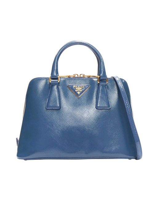 Prada Blue Promenade Vernice Saffiano Leather Triangle Logo Top Handle Tote Bag