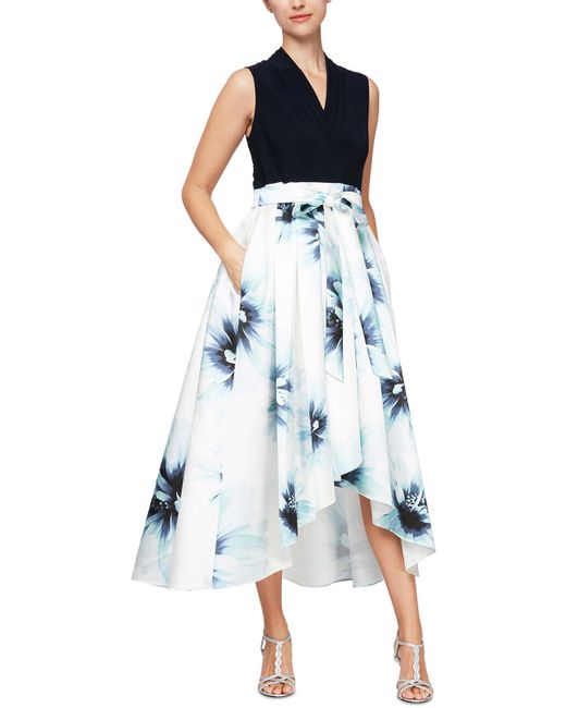SLNY Blue Floral Print Long Evening Dress