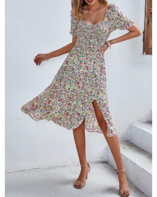 TRUEDAMES Gray Fashnzfab Bohemia Floral Puff Sleeve Flounce Sleeve Dress