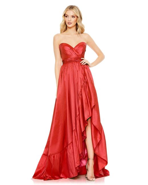Mac Duggal Red Asymmetrical Strapless Ruffle Gown