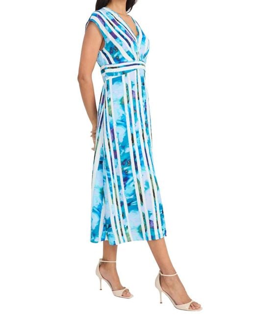 Maggy London Blue Cap Sleeve Vneck Print Midi